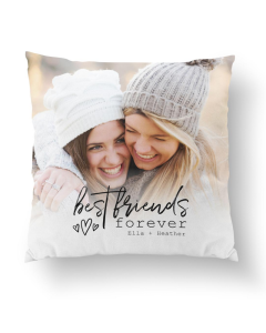 Friends Forever Pillow with cozy photo of two women in knit hats, printed on soft fabric with ‘best friends forever’ text.