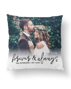Square Forever & Always pillow with a romantic couple photo, soft fabric texture, featuring personalized text in elegant script.
