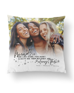 Square personalized Friends Are Like Stars pillow with joyful group photo and sentimental black text and star design on white fabric.