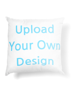 White square throw pillow with light blue text reading 'Upload Your Own Design' on soft fabric perfect for custom home décor.