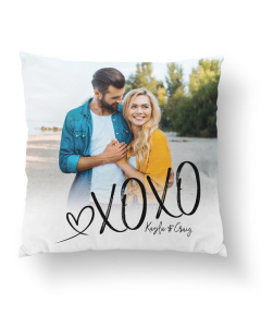 Love XOXO Pillow with a custom photo of a couple at the beach, featuring a soft white fabric and personalized names in black script.